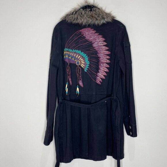 Double D Ranch Jackets & Blazers - Double D Ranch Long Denim Jacket Embroidered Native American Faux Fur Trim L